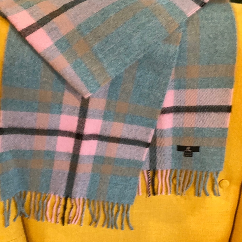 Tumi Blue and Pink Plaid 100% Alpaca Scarf